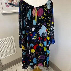 Off-Shoulder Black Mini Dress with Colorful Abstract Print